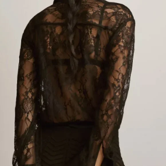 Anthropologie Black Lace Button Front Bodysuit Satin Trim Long Sleeve S - Picture 7 of 7